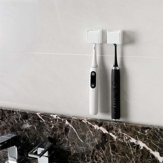 2 PCS Toothbrush Holder Wall Mounted with Cover for Bathroom, Self Adhesive Toothbrush Storage Organizer for Shower, Mini Toothbrush Hanger Rack for Dorm, Cabinet (White)