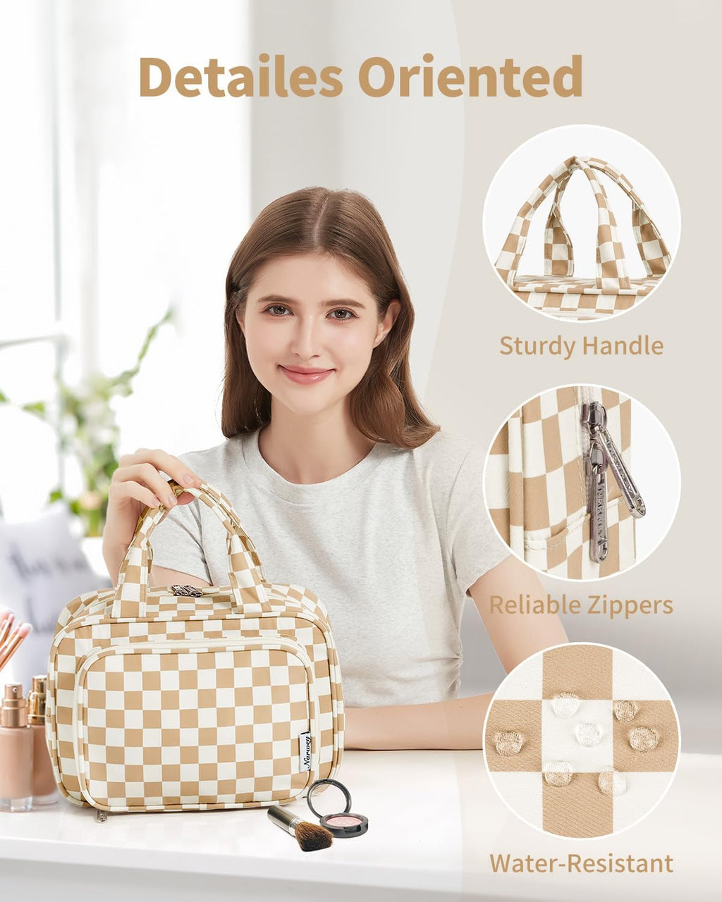 Narwey Large Travel Toiletry Bag for Traveling Women, Cosmetic Makeup Bag Make Up Organizer, Checkered Travel Bag for Toiletries with Handle (Light Checkerboard)