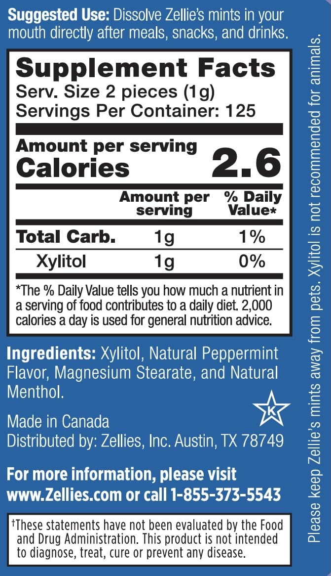 Zellie's | 100% Xylitol Cool Mint Breath Mints | No Aspartame, Gluten Free, Vegan & Kosher (250 Count - Pack of 1)