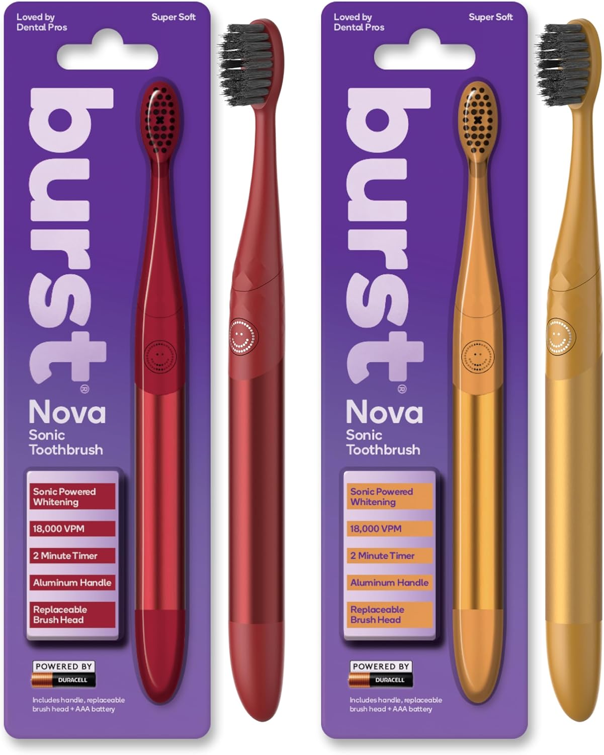 Burst Nova Toothbrush (2 Pack/Red & Orange) | Sonic Powered Teeth Whitening | Super-Soft Bristles | 18000 VPM | 2 Minute Timer | Aluminum Handle | Replaceable Brush Head | Compact Size | AAA Battery