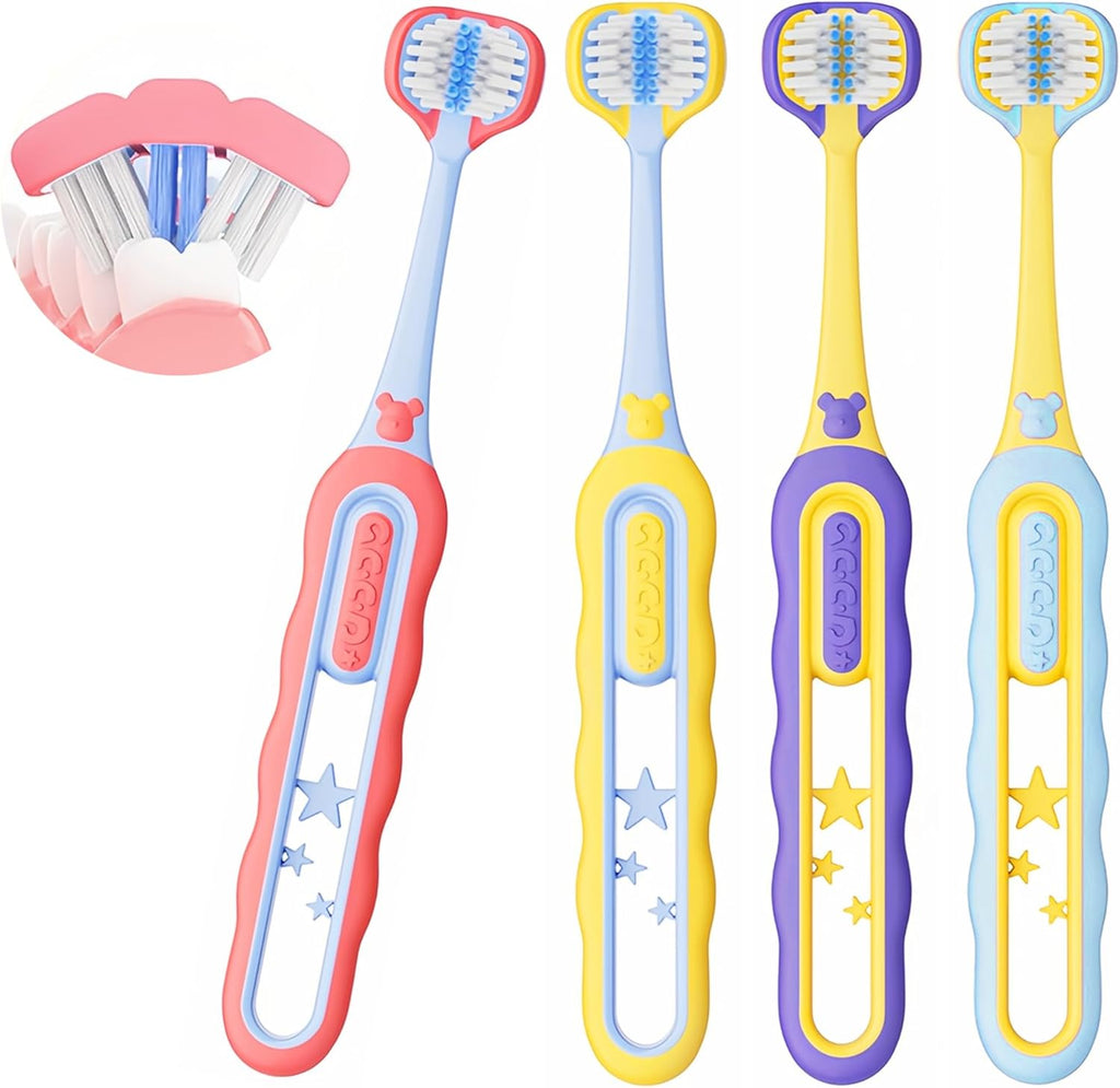 Toddler Toothbrush 4 Pack, Soft Baby Toothbrush Efficient 3 Sided Kids Tooth Brush for Ages 1-12 Years, Infant Training Tooth Brush Complete Tooth and Gum Care, Easy to Grip(Patent)