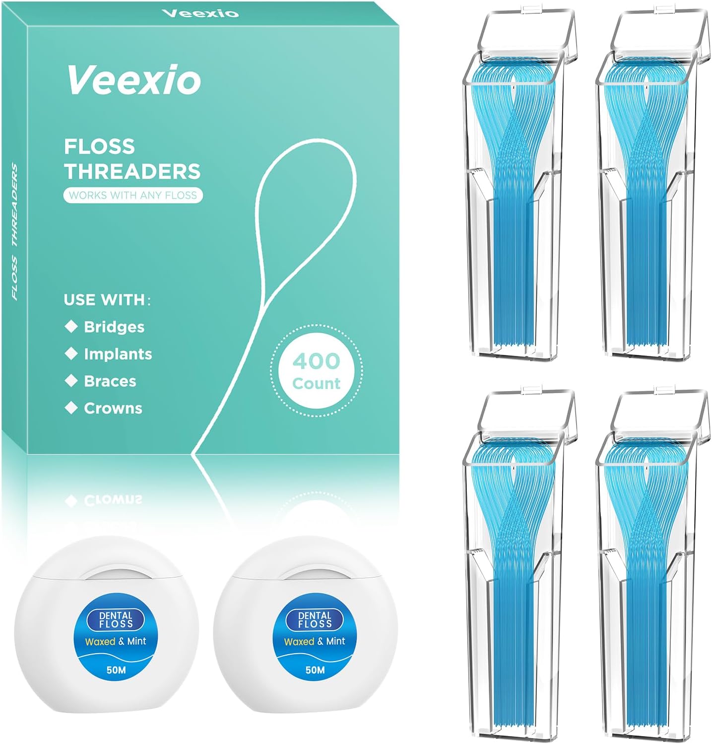 Floss Threaders 400 Count/4 Pack, with 2 Pack of 50M Mint-Flavored Waxed Dental Floss, for Braces, Bridges, Implants, Permanent Retainer