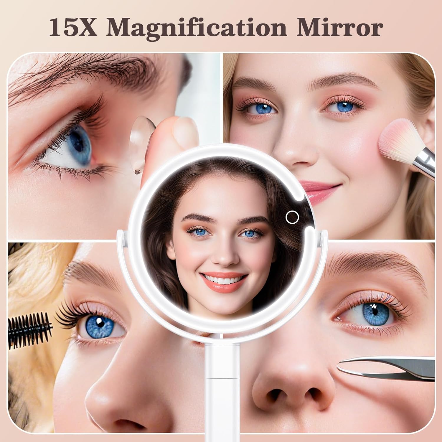 15X/1X Makeup Mirror with Lights, 4000mAh Vanity Mirror with 3 Lighting and Adjustable Brightness, 2-Sided Height Adjustable Lighted Magnifying Mirror, Make Up Mirror Gifts for Elder Women