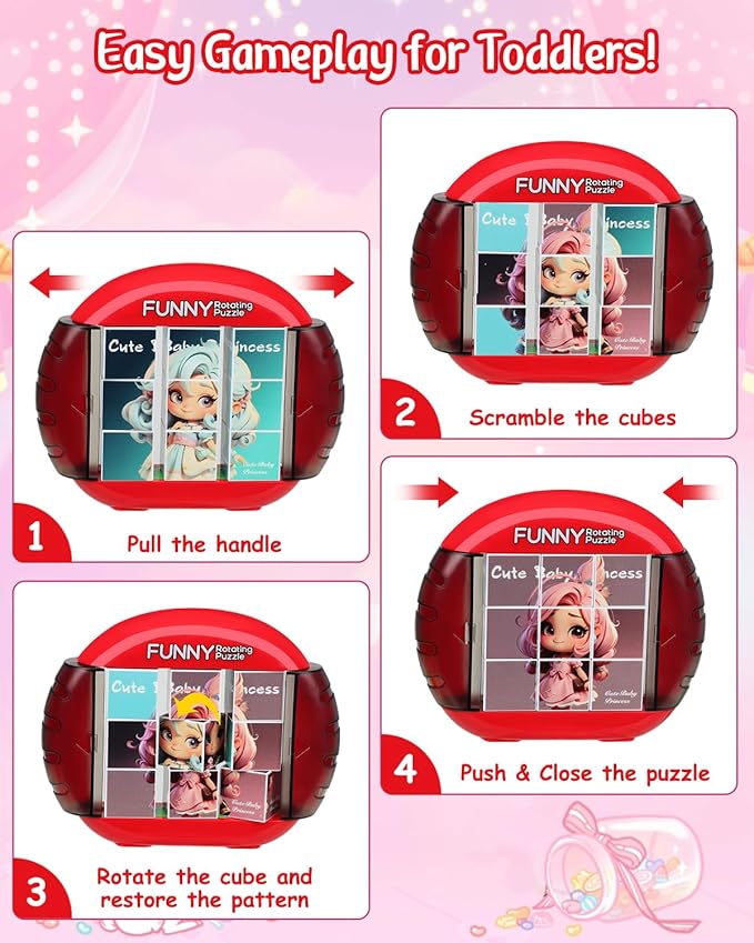 Rotating 3D Puzzle for Kids 3 4 5 6 7 Year Old, 4 Puzzles in 1, Handheld Game Fidget Toys for Travel, Cars & Plane, Fine Motor Skills Developing (Cute Little Princess)