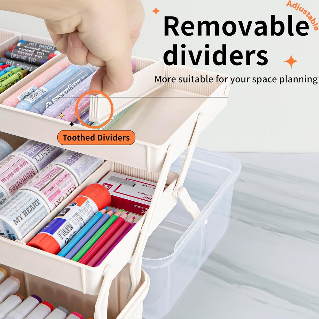 12.5in 3-Layer Multipurpose Craft Organizers and Storage with Adjustable Dividers, Portable Tackle Box, Folding Art & Craft Case for Medicine, Tool, Sewing Organizer (White)