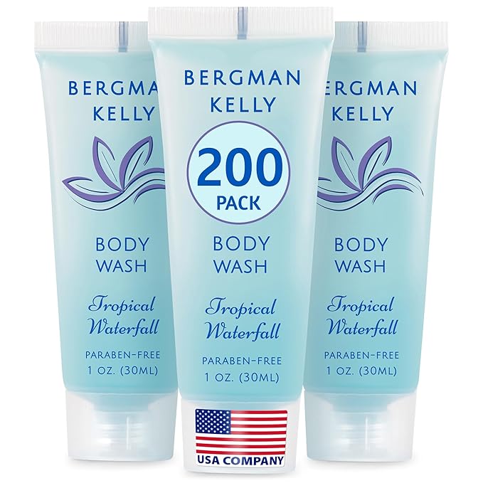 BERGMAN KELLY Travel Size Body Wash (1 fl oz, 200 PK, Tropical Waterfall), Delight Your Guests with an Invigorating and Refreshing Hotel Body Wash, Mini and Small Size Guest Hotel Toiletries in Bulk