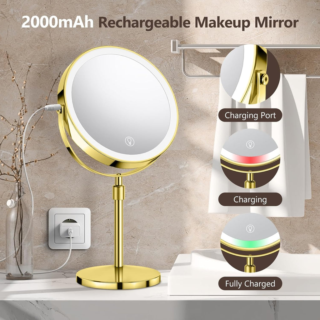 10X Large Rechargeable Height Adjustable Vanity Mirror, 1x/10x Magnifying Mirror with 3 Color, Brightness Adjustable, 360 Rotation Double Sided, Ideal Gift (Gold)