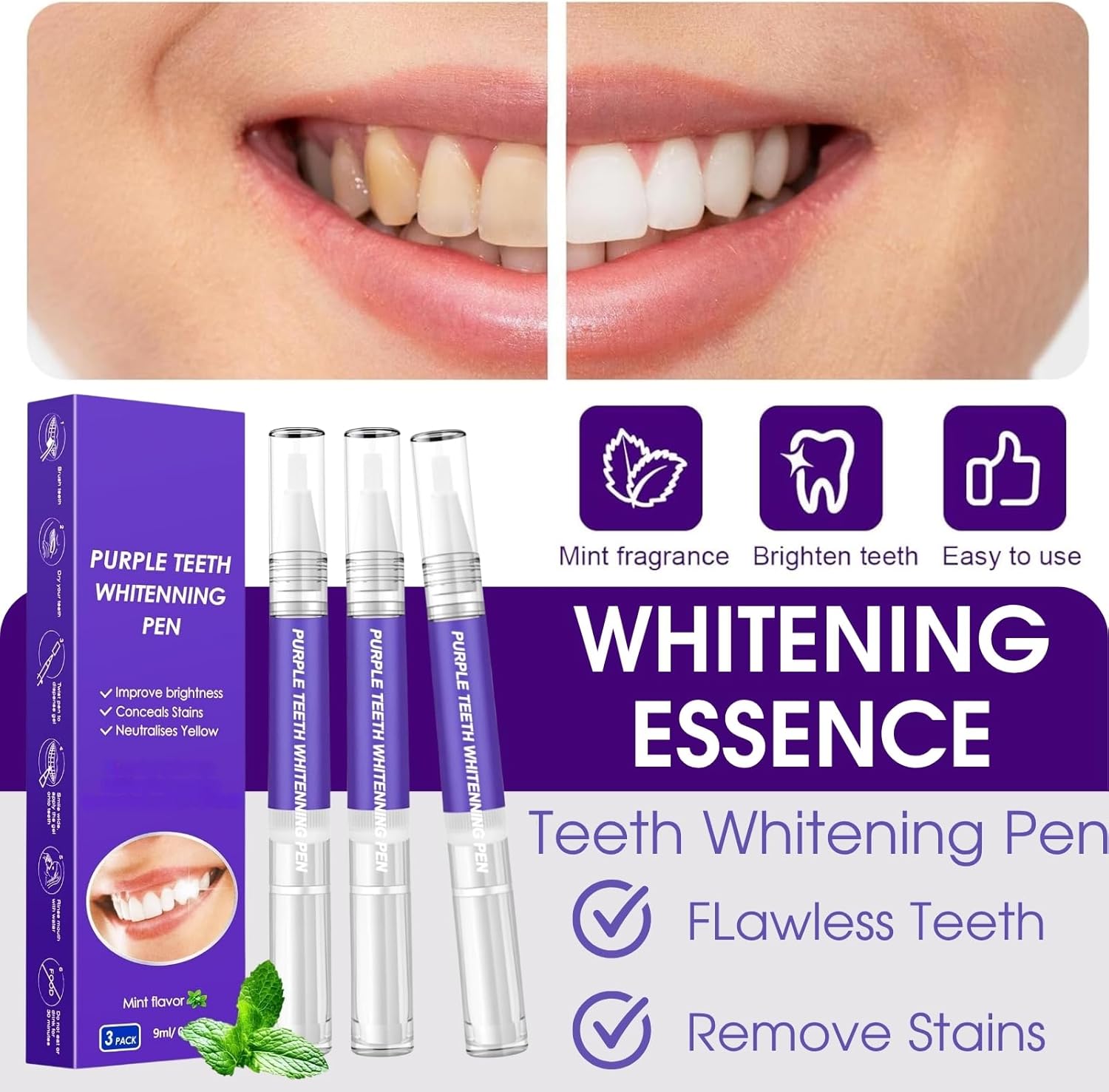Teeth Whitening Pen, Teeth Whitener Effective Tooth Whitening Gel Kit, Professionally Stain Removal Effective, Painless, Low Sensitivity (3 Pcs)
