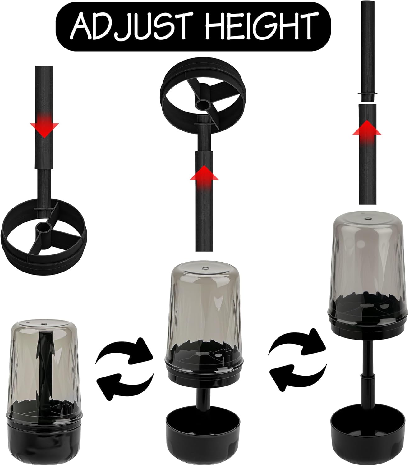 Toothbrush Holder Stand with Cup/Cover, Adjustable Height Toothbrush Organizer with 3 Slots, Portable for Bathroom, Travel, Camping (Black)