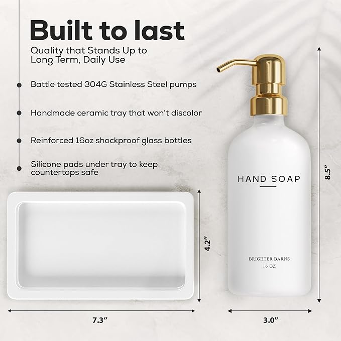 Luxury Glass Soap and Lotion Dispenser Set with Tray by Brighter Barns - Hand Soap Dispenser Bathroom Set & Stainless Steel Pump for Home or Airbnb - White and Gold Bathroom Accessories & Decor (Gold)