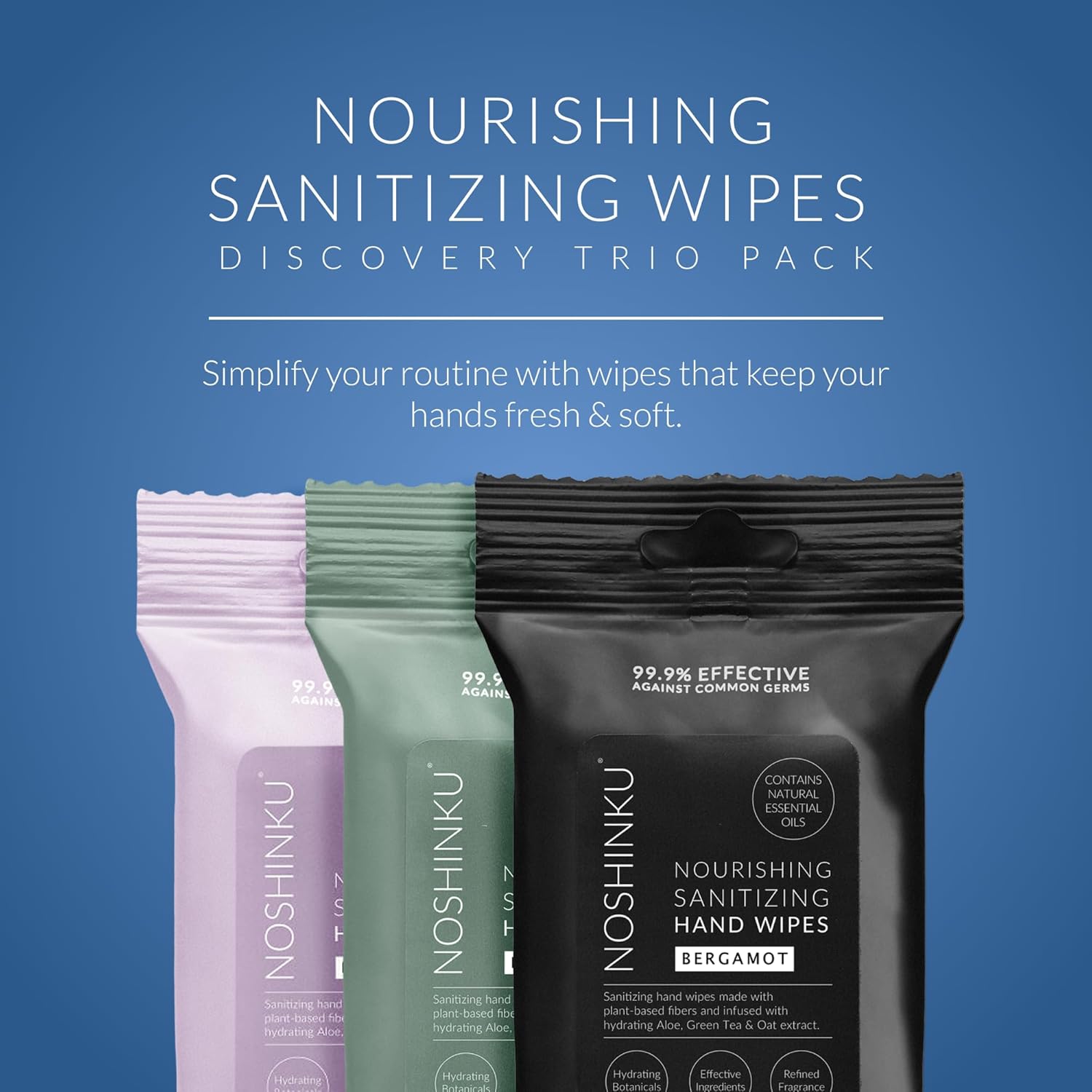 Noshinku Discovery Hand Sanitizer Wipes, 3-Pack (45 Towelettes) – Resealable Travel Wipes with Ethyl Alcohol, Aloe & Green Tea, Plant-Based Fiber, Essential Oil Scents, Cruelty-Free & No Dyes