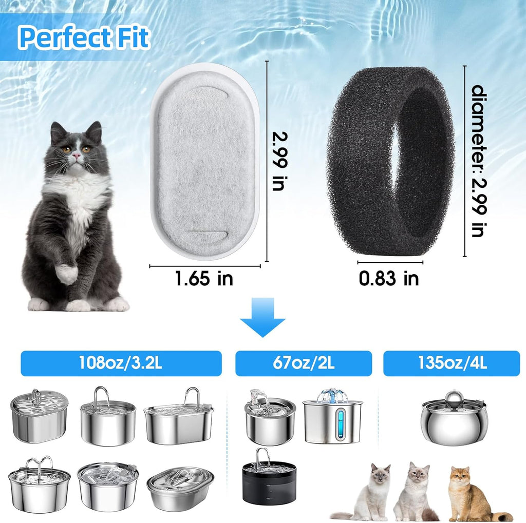 Cat Water Fountain Filters-8 Pack Replacement Filters & 8 Pack Replacement Pre-Filter Sponges Set for Stainless Steel 108/3.2L& 67oz/2L Adjustable Water Flow Pet Water Fountain