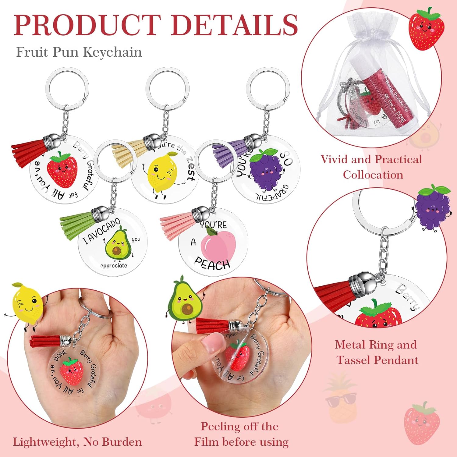 30 Sets Moisturizing Lip Balms Bulk Employee Appreciation Gifts with Fruit Pun Keychains and Organza Bags for Coworker Teacher Appreciation Thank You Gifts