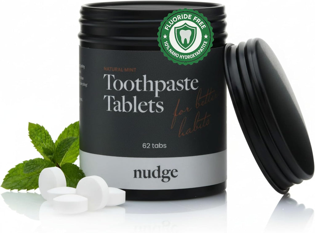 Nudge Toothpaste Tablets, 10% Nano Hydroxyapatite Remin+ Formula, Fluoride-Free, SLS-Free, All-Natural, Natural Whitening & Remineralizing, TSA-Approved, Mild Mint, 62 Tabs