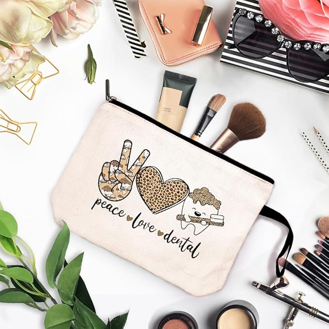 ZHANTUONE Peace Love Dental Cosmetic Bag,Funny Dental Gift,Dental Hygienist Gifts,The Birthday Gift for Dentists,For Women Dental Hygienist Makeup Bag,Dental Assistant Gifts,Dentist Survival Kit