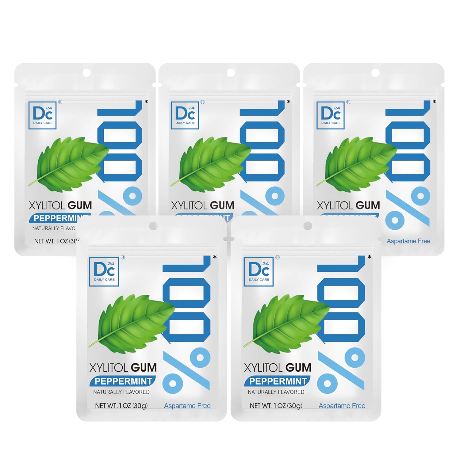 DC24 DAILY CARE 100% Xylitol Gum, Aspartame Free, Sugar Free Peppermint Chewing Gum, Natural Flavors, Gluten Free, Vegan, 20 Pieces, Pack of 5