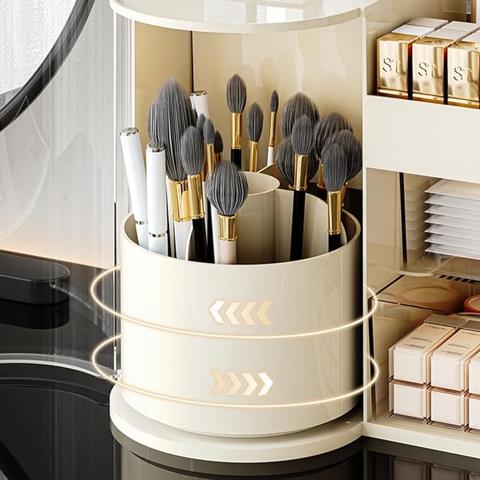 Makeup Organizer with Rotating Brush Holder Cosmetic Organizer with Drawers Countertop Skincare Organizer for Vanity,Cosmetic Display Case Storage (White, Large)