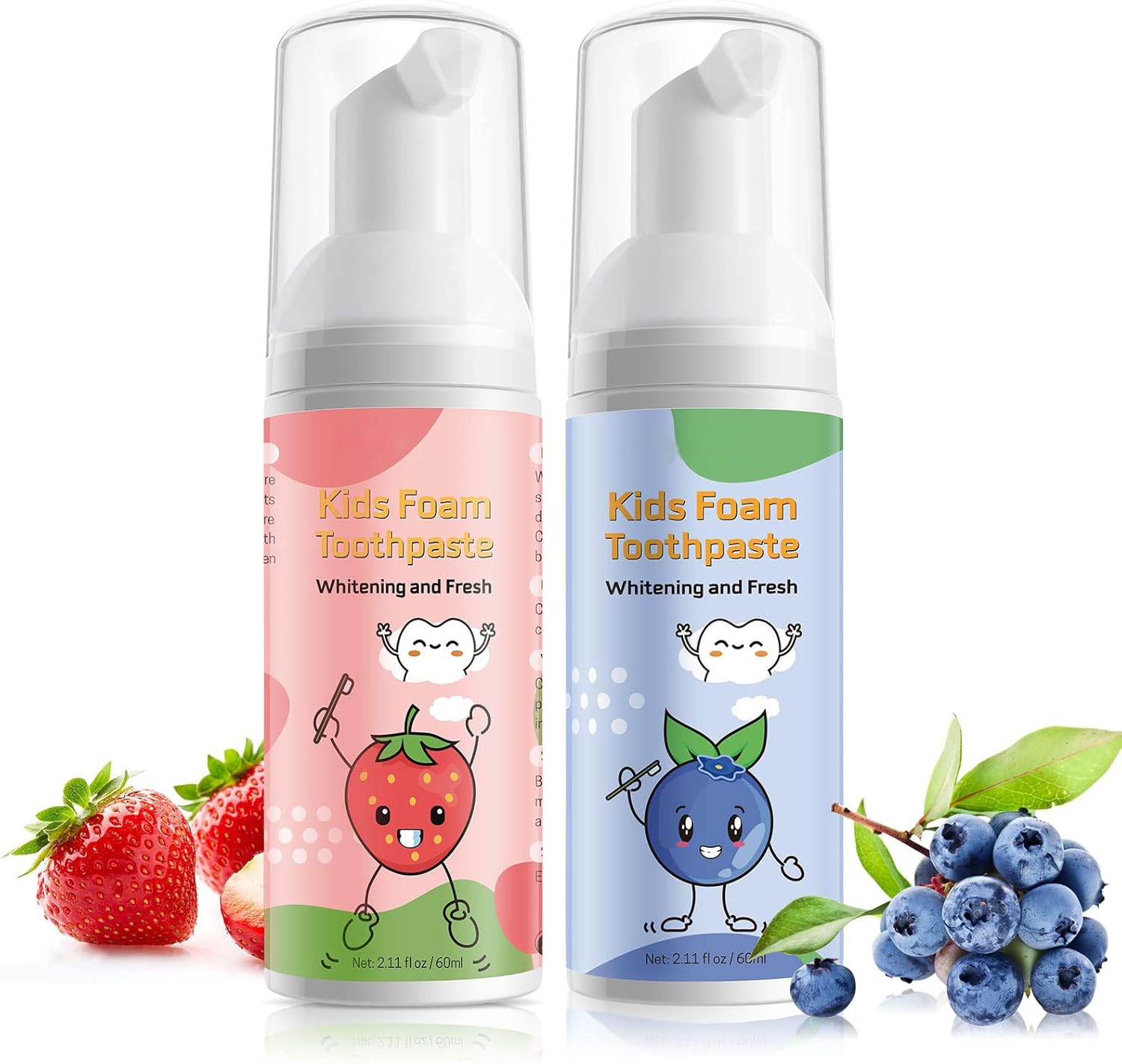 Foam Toothpaste Kids,Toddler Toothpaste with Low Fluoride & Natural Formula to Reduce Plaque, Kids Toothpaste for U Shaped Toothbrush for Children Ages 3 Plus (120 ML, Blueberry & Strawberry)