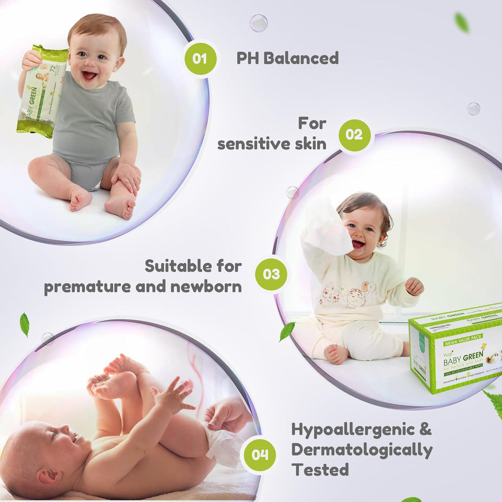 Yugi Green Baby Wipes – Unscented, Compostable, Biodegradable, Plant-Based, Fragrance-Free, for Sensitive Skin & Babies – 24 Packs of 72 (1728Count)