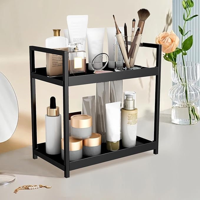 2-Tier Bathroom Counter Organizer with Basket, Vanity Tray Shelf, Bathroom Organizer Countertop, Vanity Organizer Bathroom Tray, Makeup And Skincare Organizers for Vanity, Kitchen Spice Rack (Black)