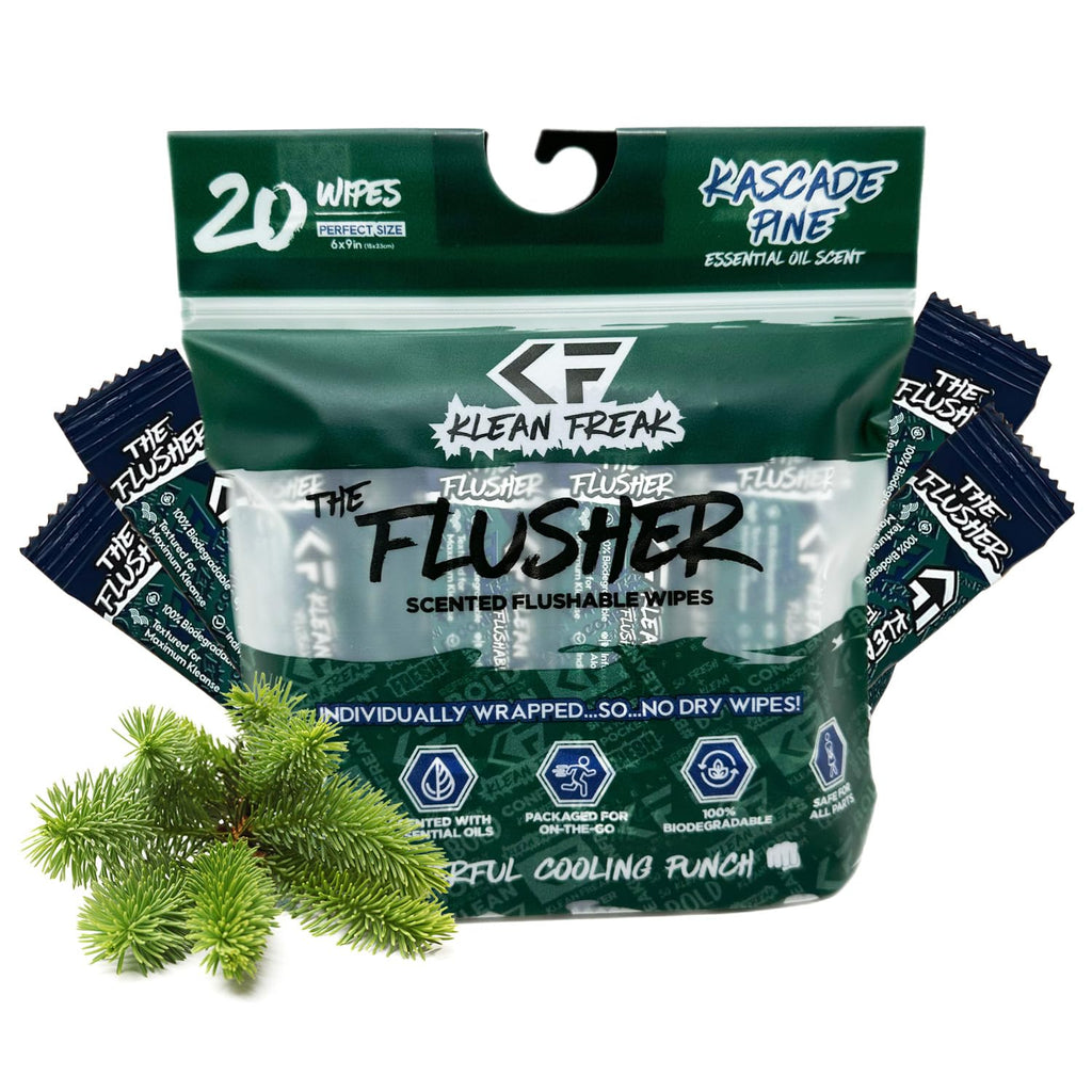 THE KLEAN FREAK FLUSHER - Flushable Wipes For Adults & Kids - 100% BIODEGRADABLE Individual Wrapped Travel WET Wipe for Toilet - Soothing Aloe & Witch Hazel - Alcohol Free 20 Pack - Kascade Pine