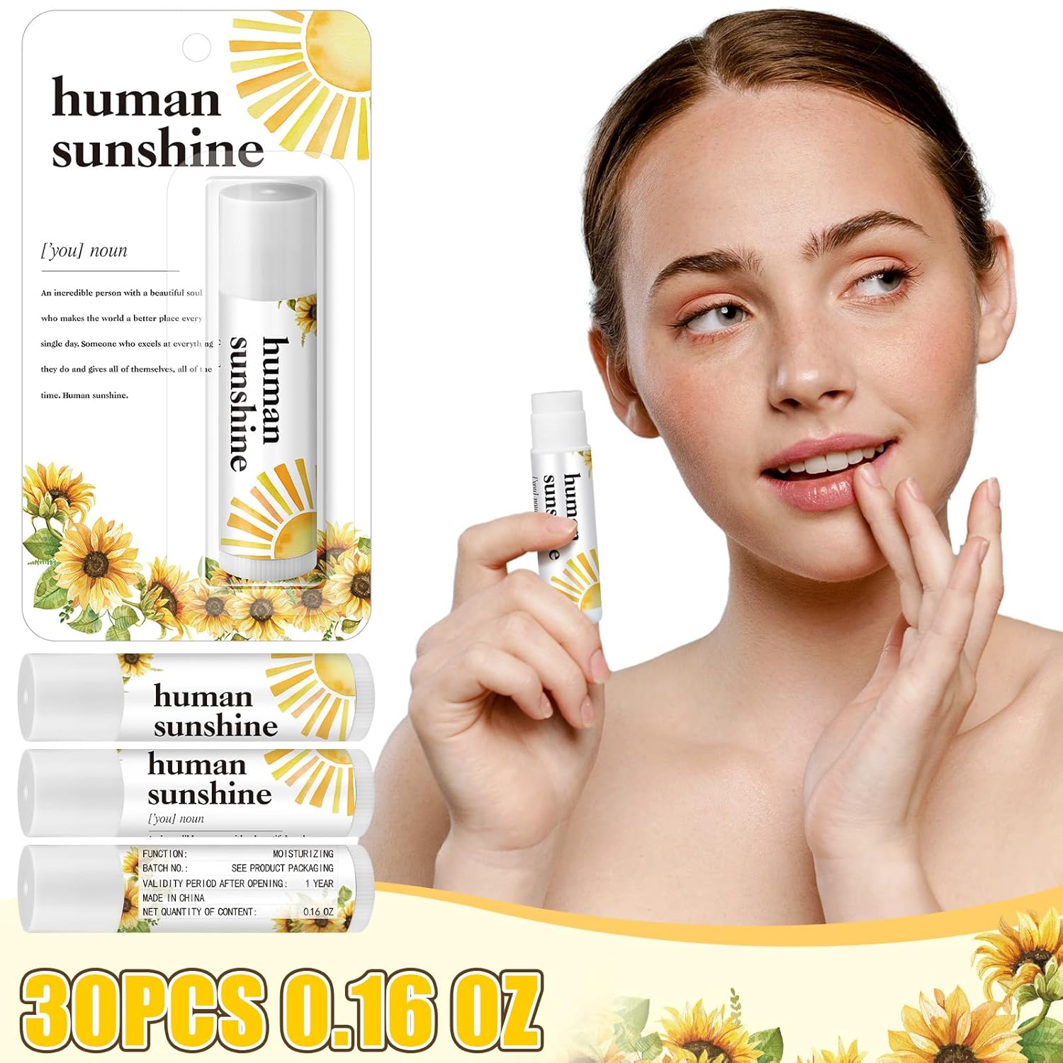 30 Pack Christmas Employee Appreciation Gift Lip Balms Bulk Staff Teacher Team Volunteer Thank You Gift Thanksgiving Christmas Appreciation Party Favor for Women Men(Human Sunshine,Yellow)