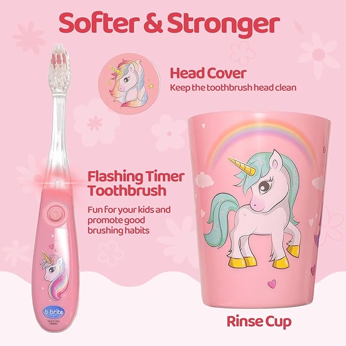 Lily's Home Kids Flashing Timer Toothbrush with Soft Bristles, Rising Cup & Cover - Fun 2-Min Light-Up Brushing for Children - Toddler Toothbrush Kit (Unicorn) - Set of 2