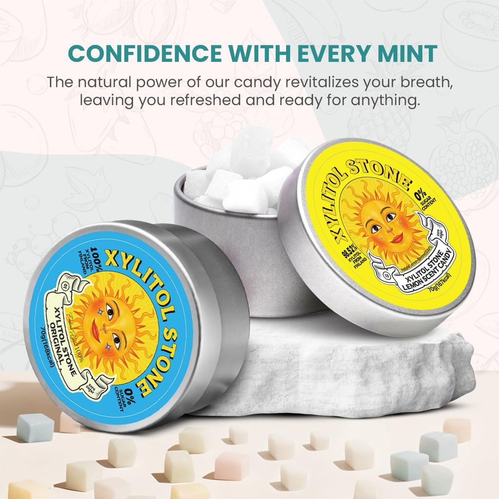 Xylitol Stone Sugar Free Candy - Vegan & Keto Friendly Unique Hard Candy - 100% Natural Flavor Candies - Gluten Free & Non-GMO Breath Freshener Low Calorie Mints - Pack of 2 (Original, Lemon)