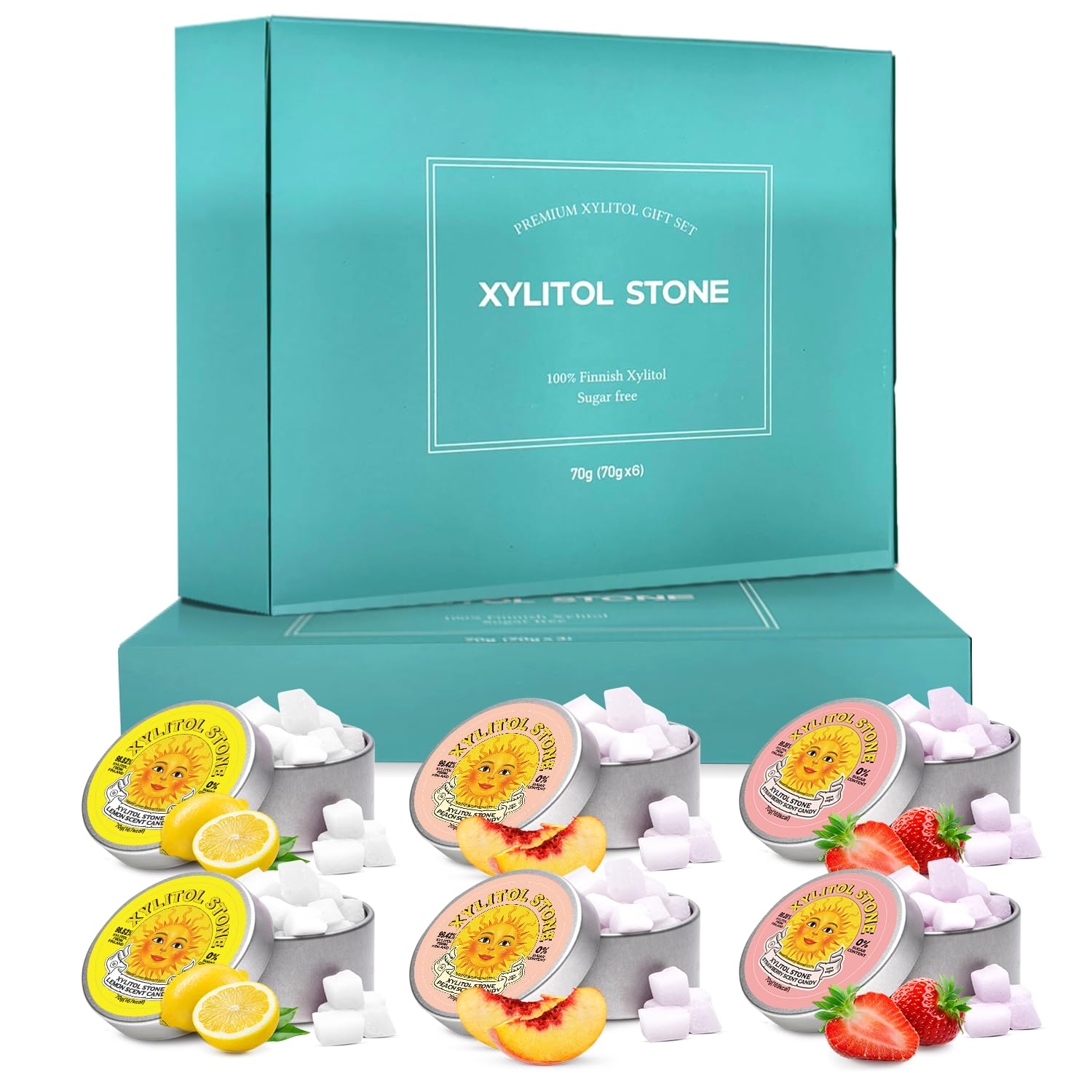 Xylitol Stone Sugar Free Candy - Vegan & Keto Friendly Unique Hard Candy - 100% Natural Flavor Candies - Gluten Free & Non-GMO Breath Freshener Mints - Pack of 6 (2 Strawberry, 2 Lemon, 2 Peach)