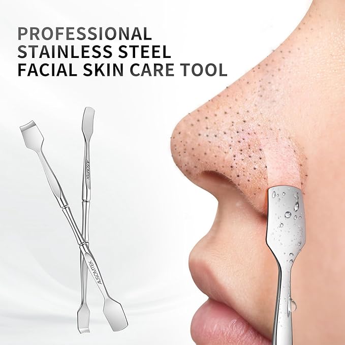 Blackhead Remover Tool, Pore Cleaner & Comedone Extractor Face Spatula, Professional Stainless Steel Whitehead & Pimple Extractor Tool for Facial Skin Care with Cyan PU Case