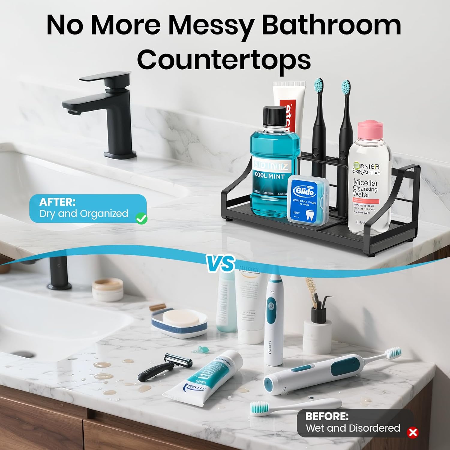 BOTEMY Toothbrush Holder with Instant Drying Stone - Bathroom Counter Organizer, Kids Electric Toothbrush Toothpaste Holders, Bathroom Sink Organizers and Storage,Black