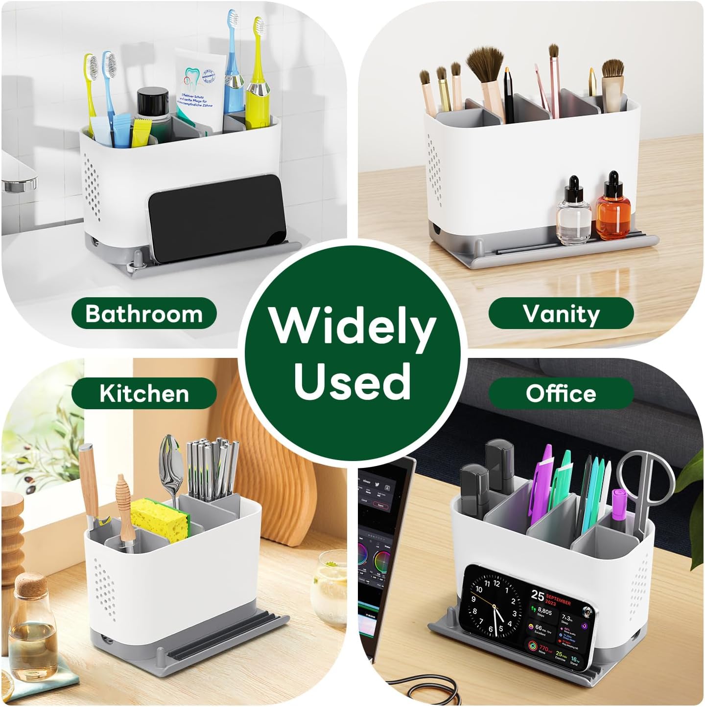 Toothbrush Holders for Bathrooms, Adjustable 6 Slots Electric Toothbrush and Toothpaste Holder, Cord-Friendly Detachable Bathroom Countertop Organizer with Front Ledge for Phone and Ring Holder