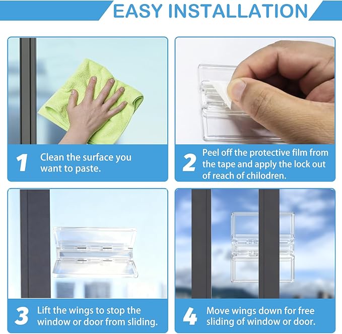 2 Pack Sliding Door Lock Window Locks, for Sliding Glass Doors & Windows, Sliding Closet Door stoppers, Easy to Installation Provides More Security for Your Baby and Pets (Clear)