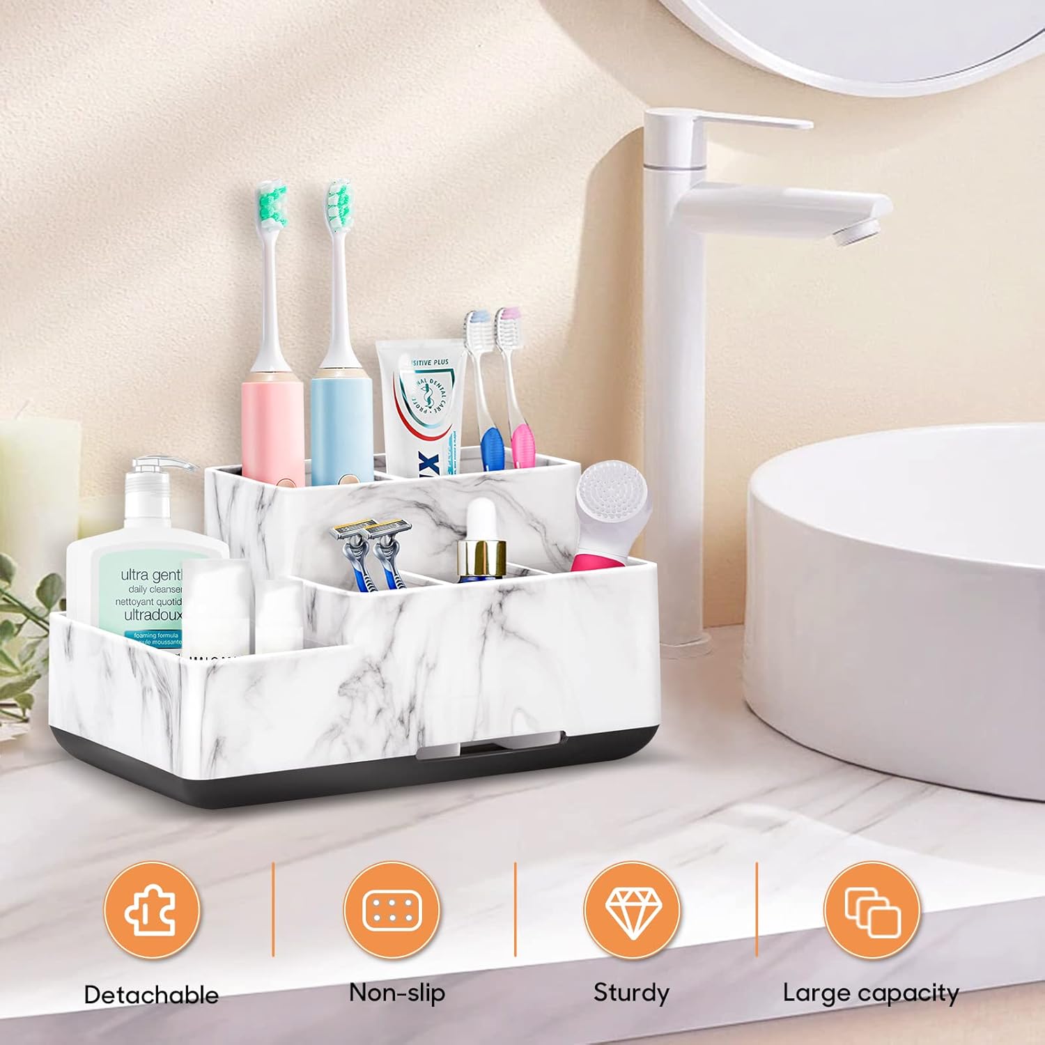 Toothbrush Holder,Bathroom Organizer Countertop, 5 Compartments Multifunctional Storage for Cosmetic, Makeup, Office Stationery Pencil,Toothpaste, Toothbrush,Ideal Gift for Home, Office
