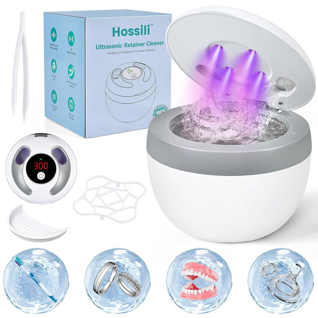 Ultrasonic Retainer Cleaner Machine, 45kHz 200ML Dental Cleaning Pod with 4 Wash Modes, Digital Timer for Denture Cleaner, Aligners, Mouth Guards, Braces, Jewelry & Toothbrush Heads (White)