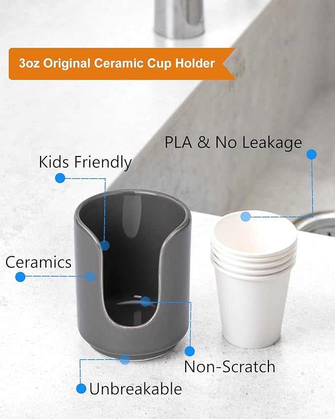 3 oz Original Ceramic Bathroom Cup Dispenser with 5 PLA Paper Cups, Bathroom Essential Accessories for Mouthwash Holder on Bathroom Vanity Countertops (1 Pack, Grey)