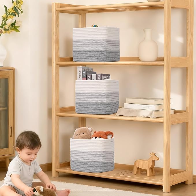 3 Pack Cube Storage Bin, 9”x9”x7” Cotton Rope Woven Baskets for Organizing Toys Clothes Towels, Square Gift Storage Baskets for Shelf, Nursery, Closet, Bathroom, Pantry (3-Tone Gray)