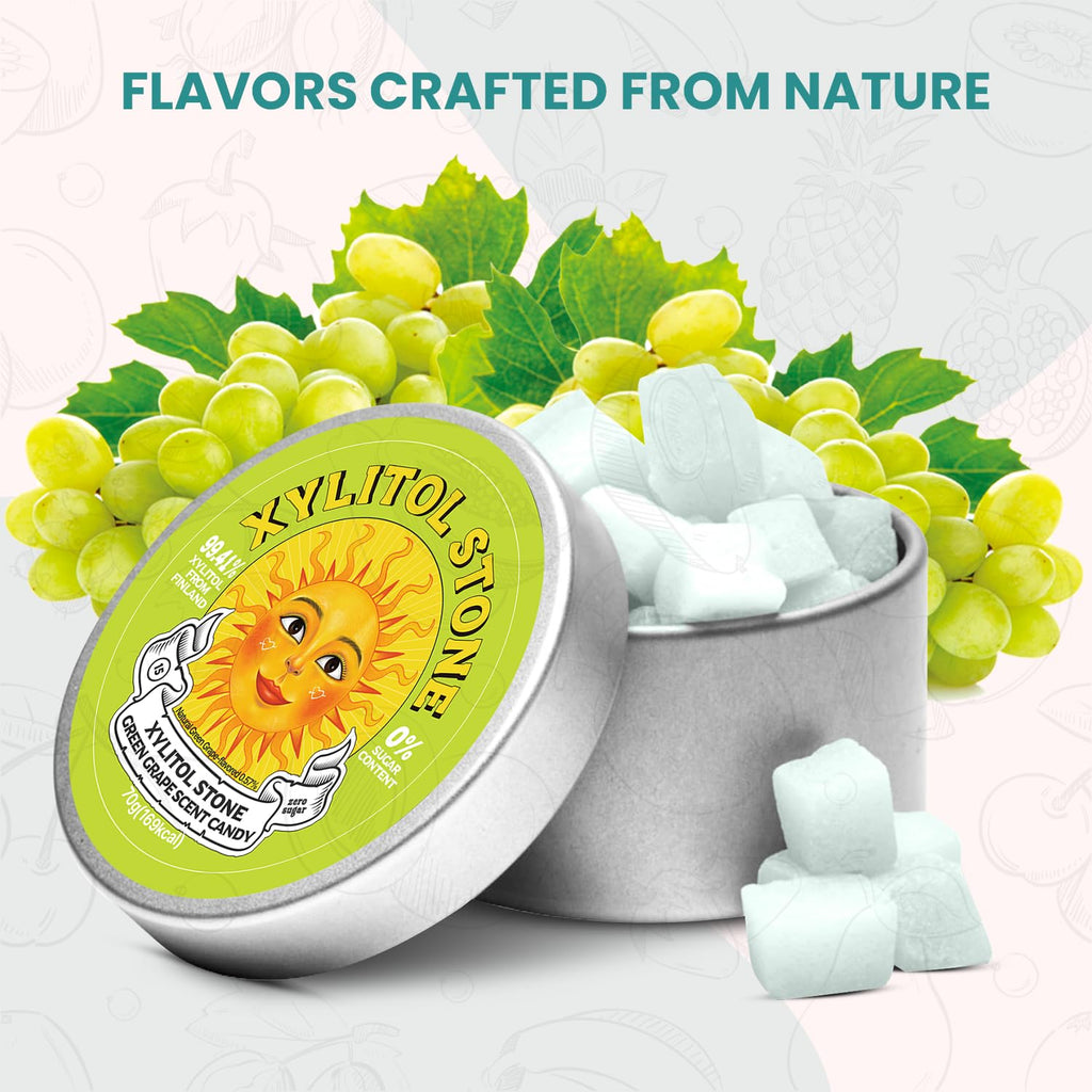Xylitol Stone Sugar Free Candy - Vegan & Keto Friendly Unique Hard Candy Sugar-Free - 100% Natural Flavor Candies - Gluten Free & Non-GMO Breath Freshener Low Calorie Mints - Green Grape (Pack of 2)
