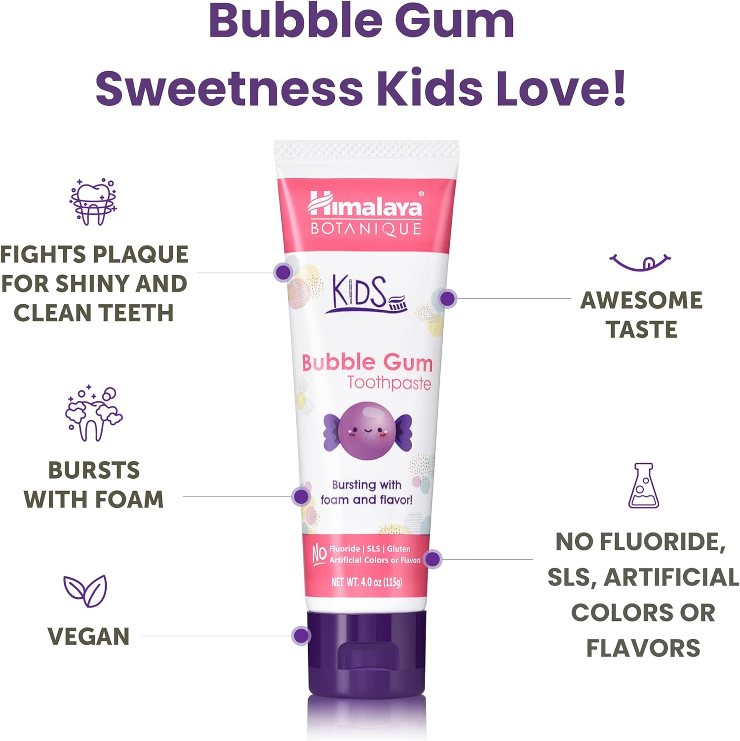 Himalaya Botanique Kids Toothpaste, Herbal, Bubble Gum Flavor, Fights Plaque, Fluoride Free, Gentle, No Artificial Flavors or Colors, SLS Free, Gluten Free, Cruelty Free, Vegan, Foaming, 4 Oz, 2 Pack