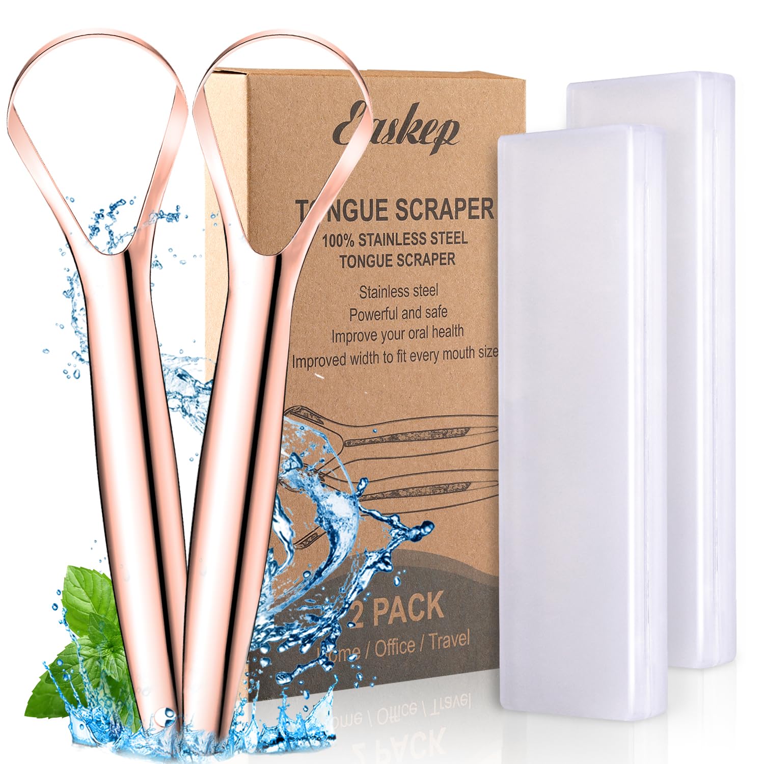 Tongue Scraper (2 Pack), Wide-Head Tongue Cleaner with Nice Carrying Box, Easkep 100% Stainless Steel Tongue Scrapers Cleaners, for Men, Women, Adults, Kids
