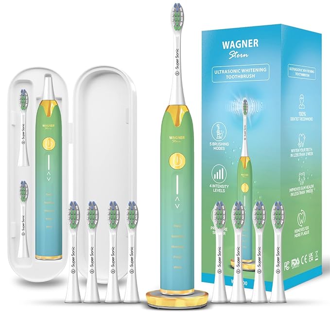 Wagner Stern Ultrasonic whitening Toothbrush with Pressure Sensor. 5 Brushing Modes and 4 Levels of Intensity, 8 Soft bristles, Travel case.