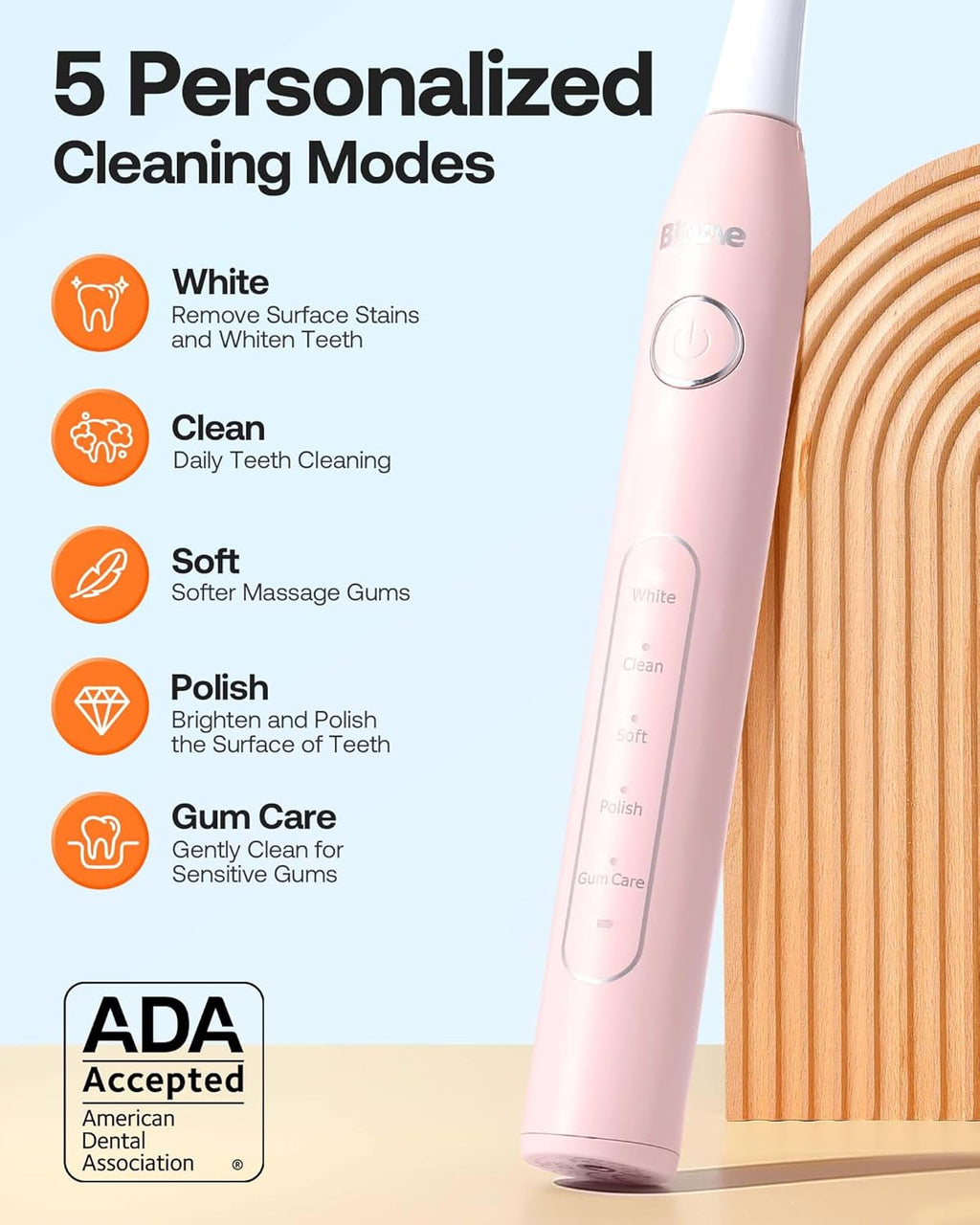 Bitvae Electric Toothbrushes 2 Pack With Holders, Ultrasonic Electronic 8 Brush Heads 5 Modes, Rechargeable Power for 30 Days Using, Black & Pink