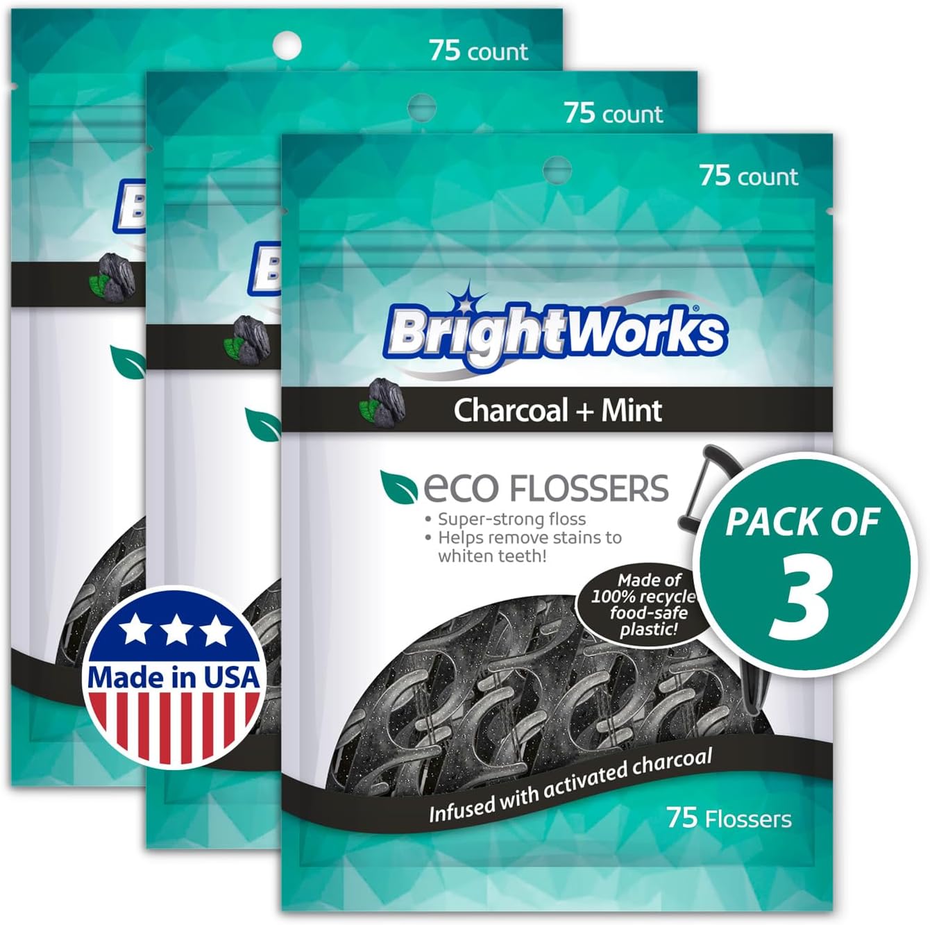 Brightworks ECO Sustainable Floss Picks - 225 Count - PFAS Free - Made in USA Charcoal + Mint Infused 100% Post-Consumer Recycled Plastic with Micro-Crystals for Oral Care Hygiene Gum Health