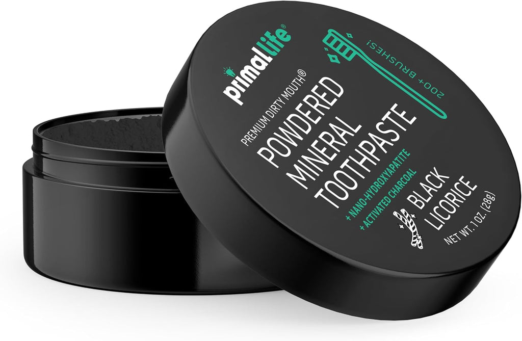 Primal Life Organics - Dirty Mouth Toothpowder, Activated Charcoal Tooth Cleaning Powder, Essential Oils Natural Kaolin Bentonite Clay, 200+ Brushings, Organic Vegan (Charcoal Black Licorice, 1 oz)