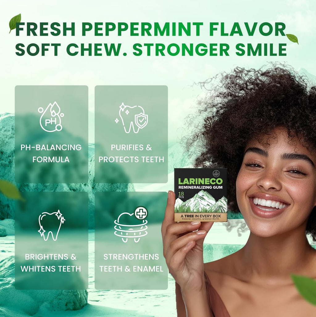Larineco Remineralizing Gum with Nano Hydroxyapatite & Xylitol – Sugar-Free Cinnamon Xylitol Gum – Plastic-Free, Dye-Free, Aspartame-Free – Natural Base – 18 Pieces (18 Count (Pack of 2), Peppermint)