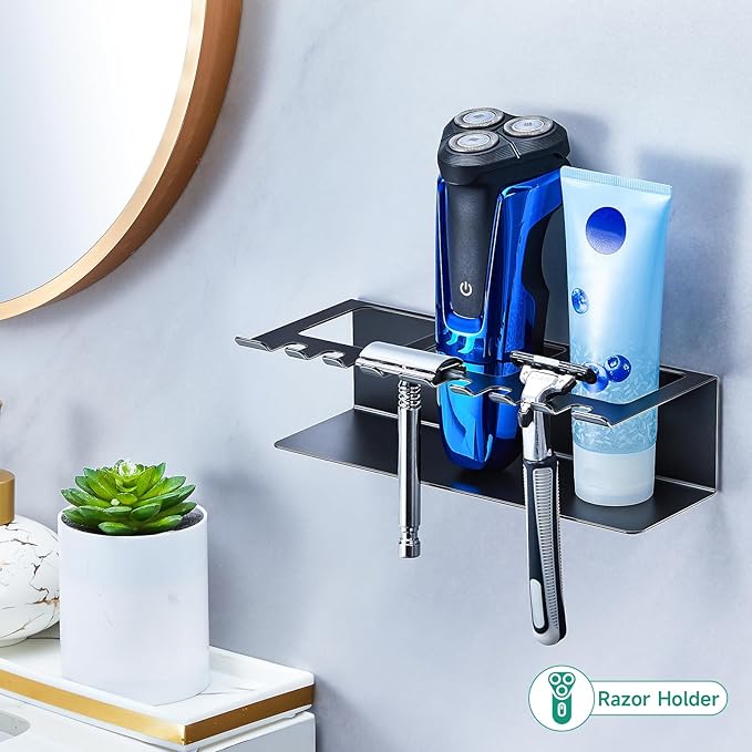 Electric Toothbrush Head Holders, Electric Toothbrush Holders Wall Mounted, Shower Electric Head Holder, Toothbrush and Toothpaste Holder, Adhesive Tooth Brushing Holder for Bathroom (Black, Large)