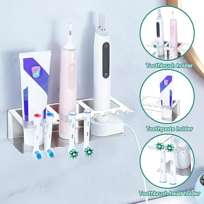 Electric Toothbrush Head Holders, Electric Toothbrush Holders Wall Mounted, Shower Electric Head Holder, Toothbrush and Toothpaste Holder, Adhesive Tooth Brushing Holder for Bathroom (Silver, Large)