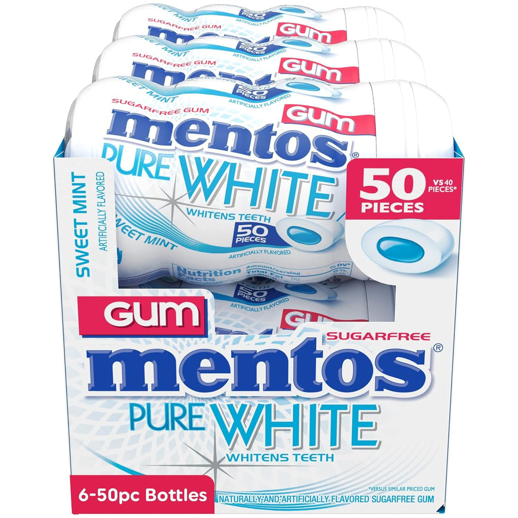 Mentos Pure White Sugar-Free Chewing Gum With Xylitol, Sweet Mint, Bulk, 50Piece Bottle (Pack Of 6)
