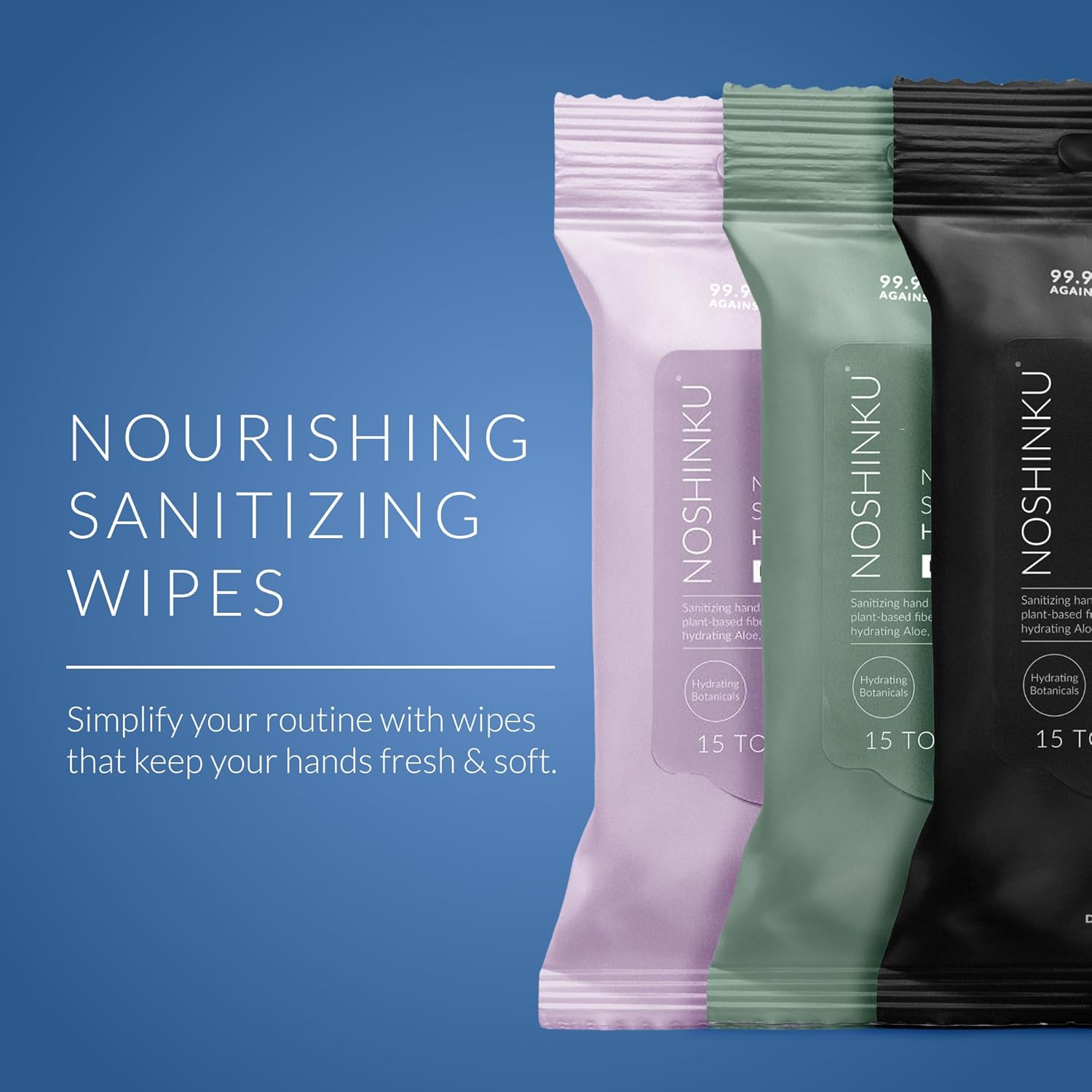 Noshinku Discovery Hand Sanitizer Wipes, 3-Pack (45 Towelettes) – Resealable Travel Wipes with Ethyl Alcohol, Aloe & Green Tea, Plant-Based Fiber, Essential Oil Scents, Cruelty-Free & No Dyes