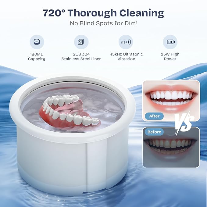 2025 Ultrasonic Retainer Cleaner- 45KHz 25W Portable Denture Cleaner with Drying Function and Removable Inner for Dentures, Mouth Guards, Aligners, Jewelry and More